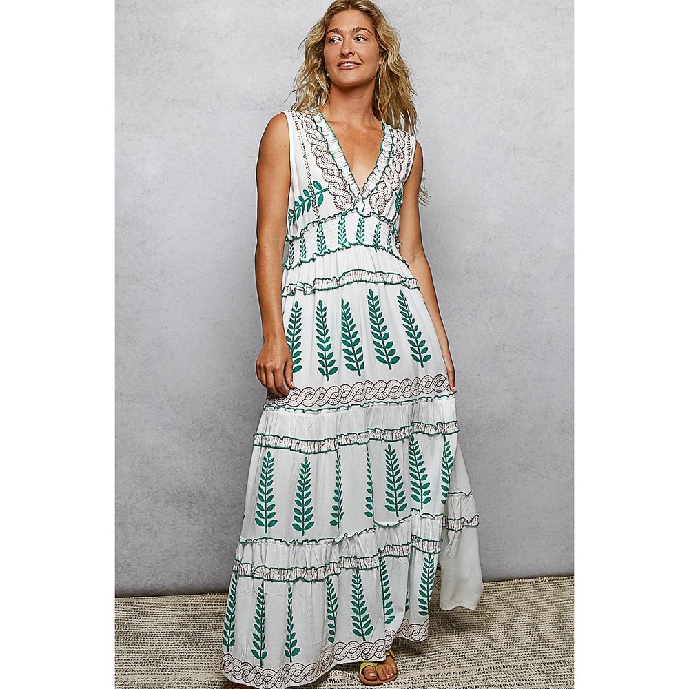 POL Boho V-Neck Sleeveless Maxi Dress White Green Botanical Print LARGE